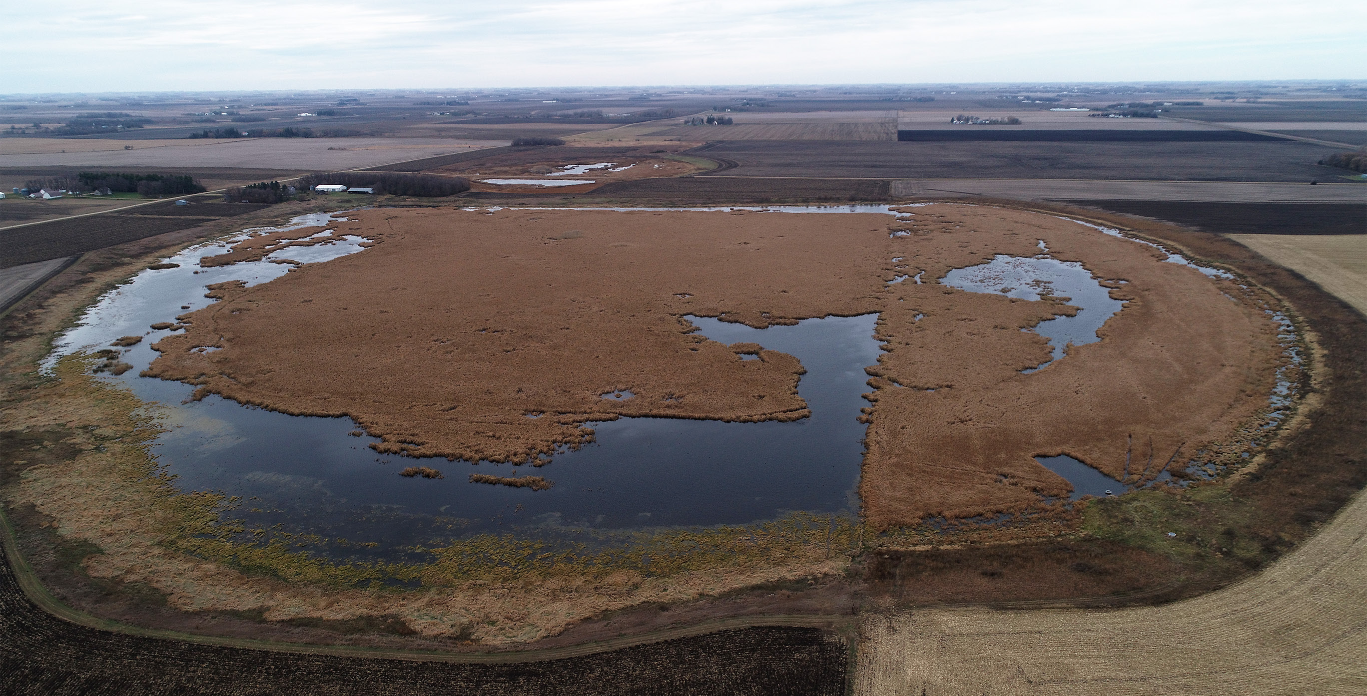 Aerial view of 160 acre wetland restoration in Murray County, Minnesota.